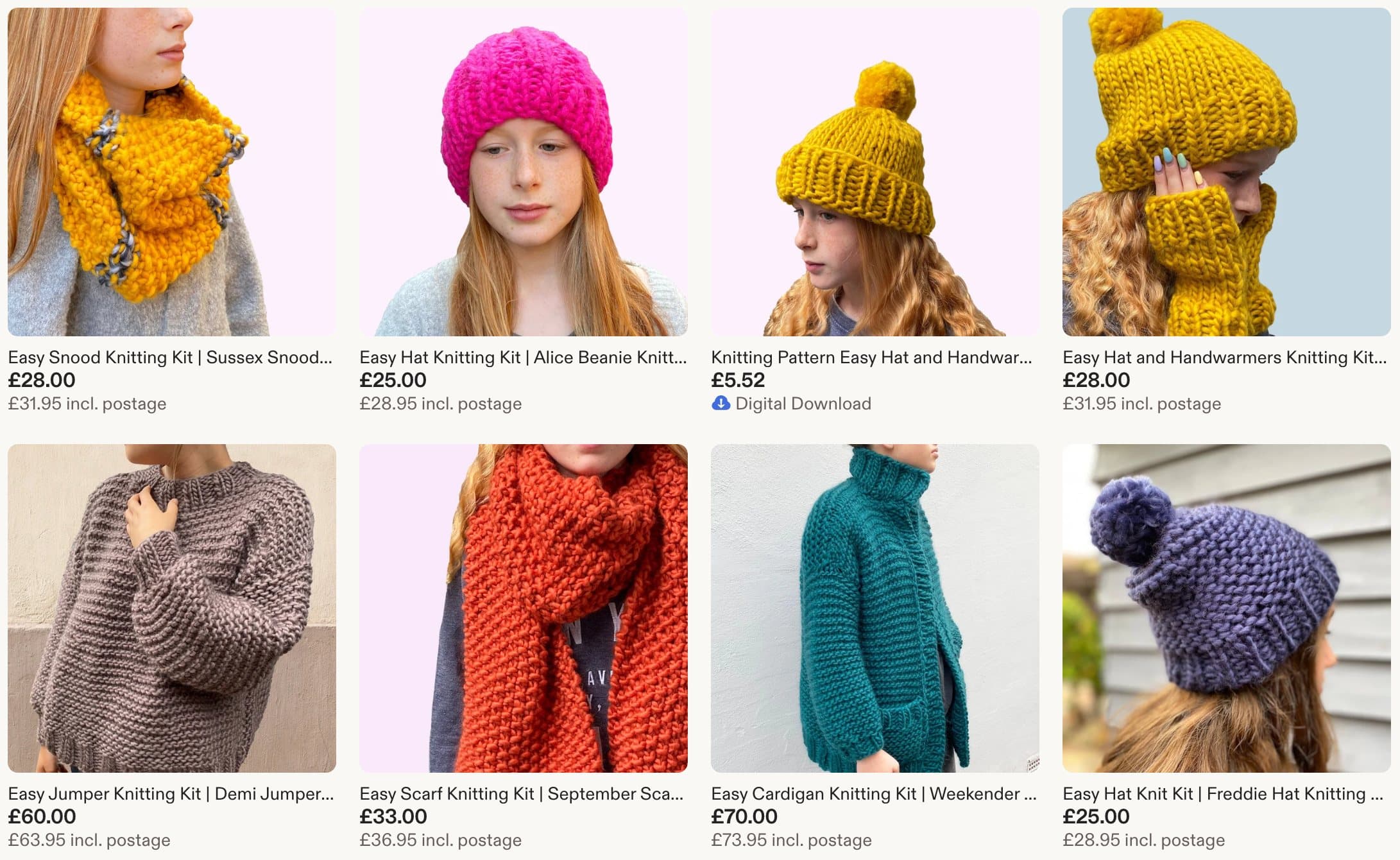 The PurlAndForm storefront on Etsy: eight knitting-kit listings with titles and prices
